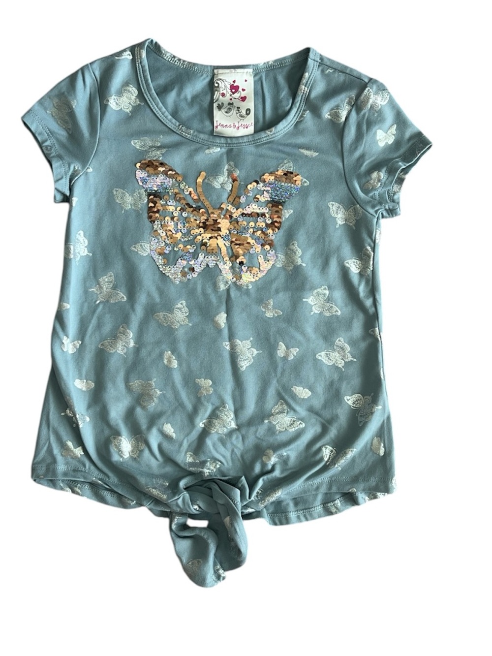 Jenna & Jessie Sequin Butterfly Tie-Knot Tee in Light Sage Size 7